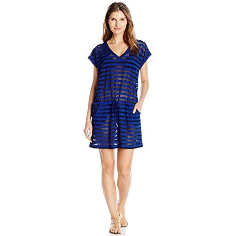 Calvin‎ Klein Mesh Stripe Tunic Swim Drawstring Pockets Cover-Up Size
